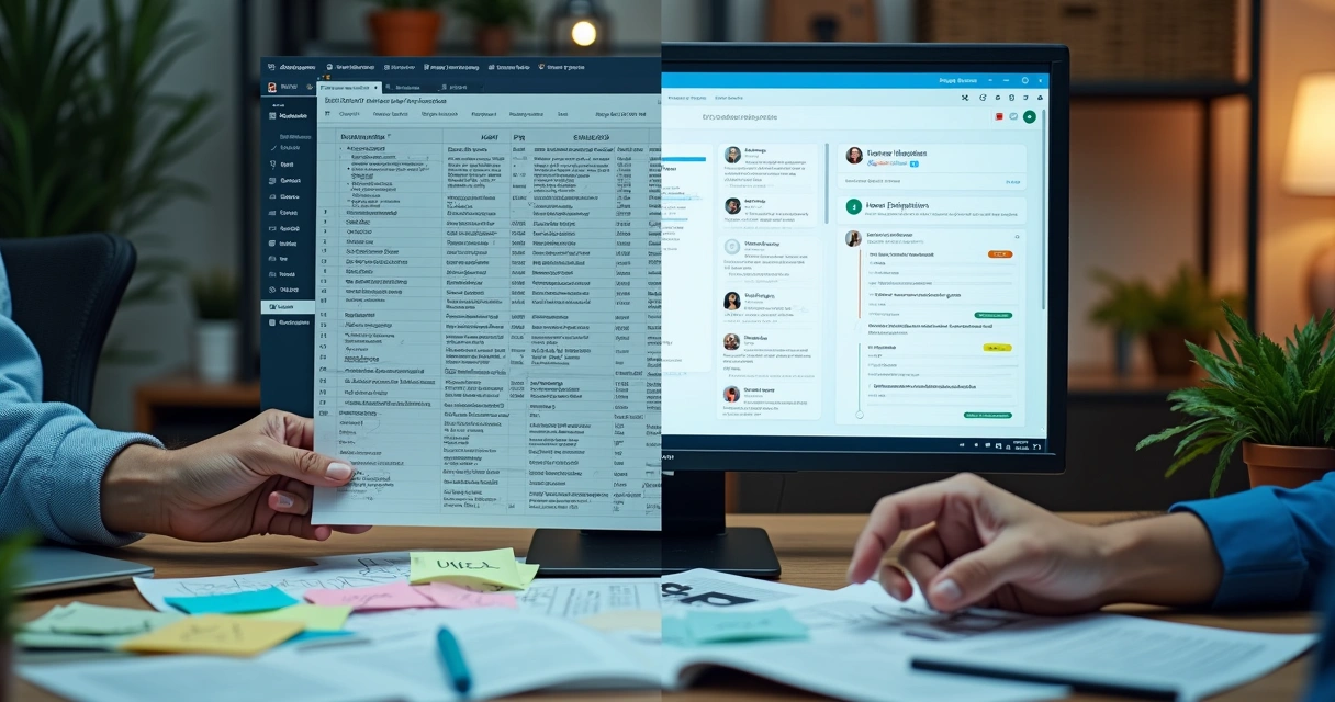 Mesa dividida entre planilha impressa e painel digital de recrutamento 