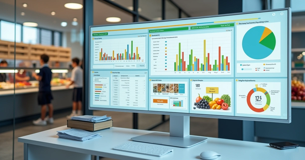 Sala de gestão da cantina escolar com vários painéis digitais de controle 