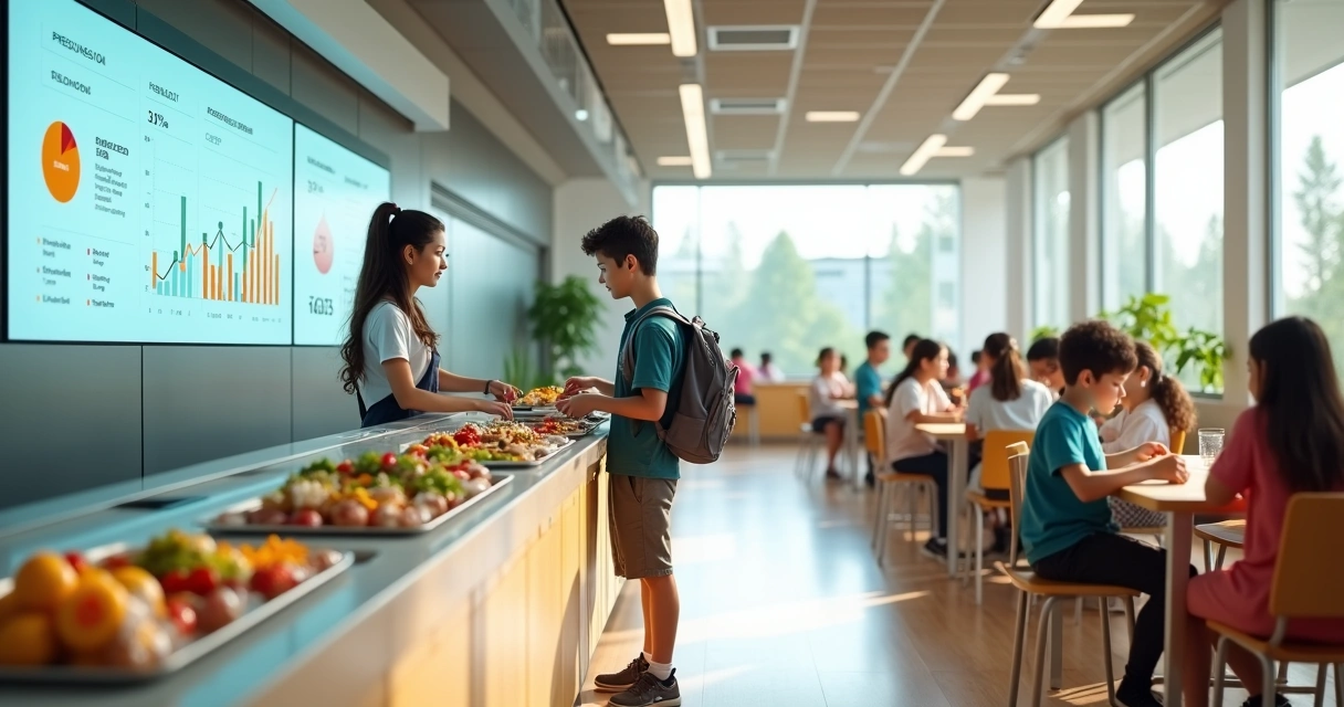Vista aérea de cantina escolar moderna com gestão digital em 2026 