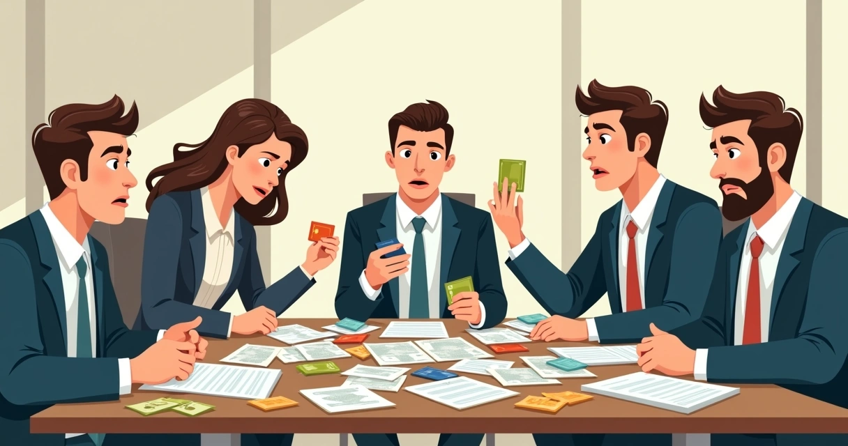 Reunião de donos de PME, papéis misturados, cartões pessoais e empresariais sobre uma mesa 