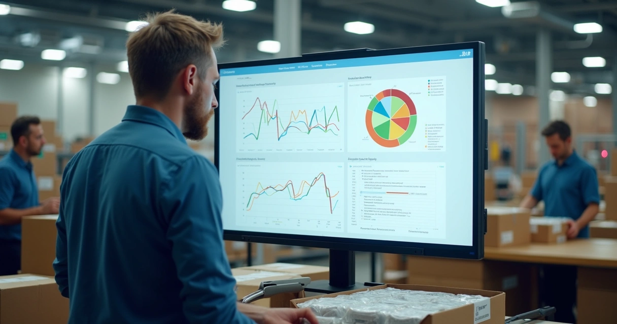 Gráfico de capacidade de produção em tela, gerente olhando e equipe embalando produtos ao fundo 