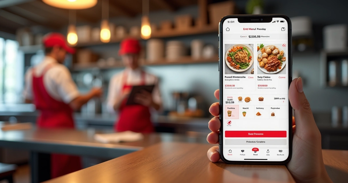 Tela de app com cardápio digital e equipe de cozinha ao fundo