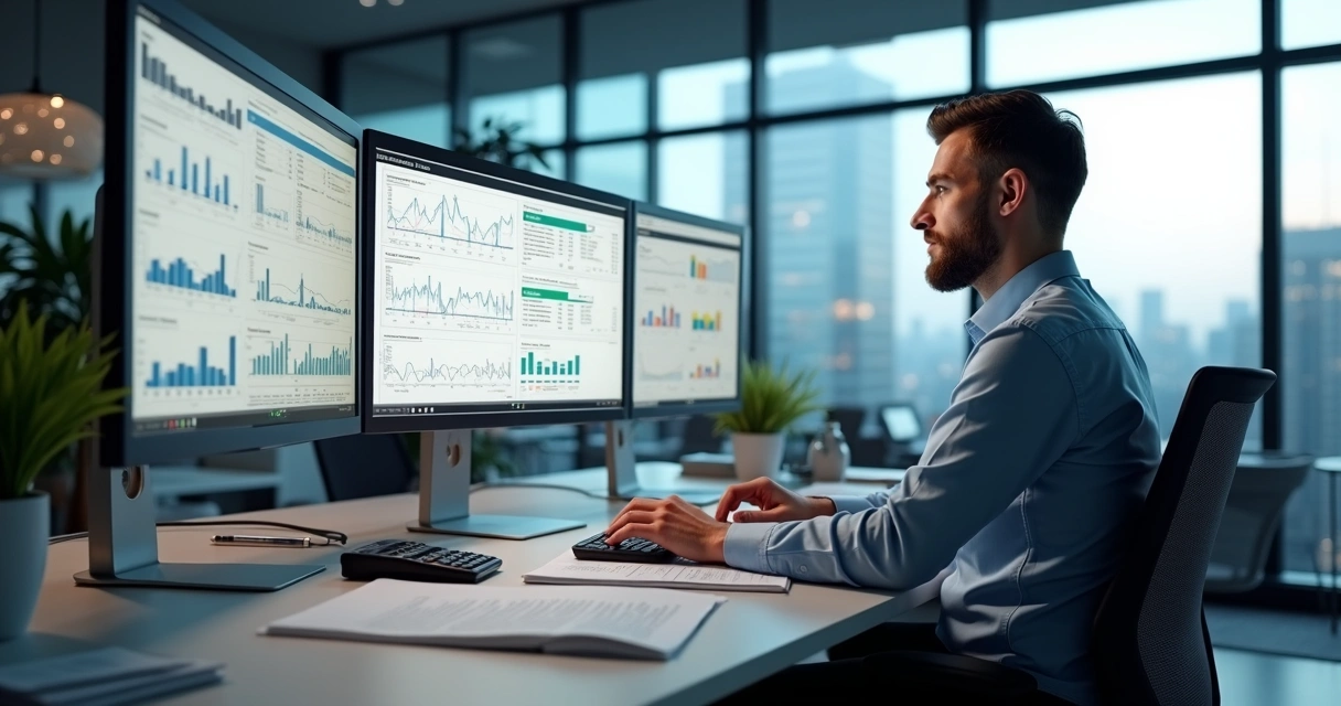 Gestor analisando várias carteiras de clientes em várias telas de computador 