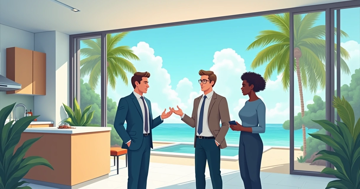 Gestor imobiliário mostrando casa de férias para investidores estrangeiros