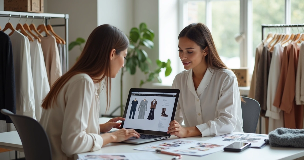 Equipe pequena organizando catálogo digital de moda no escritório 