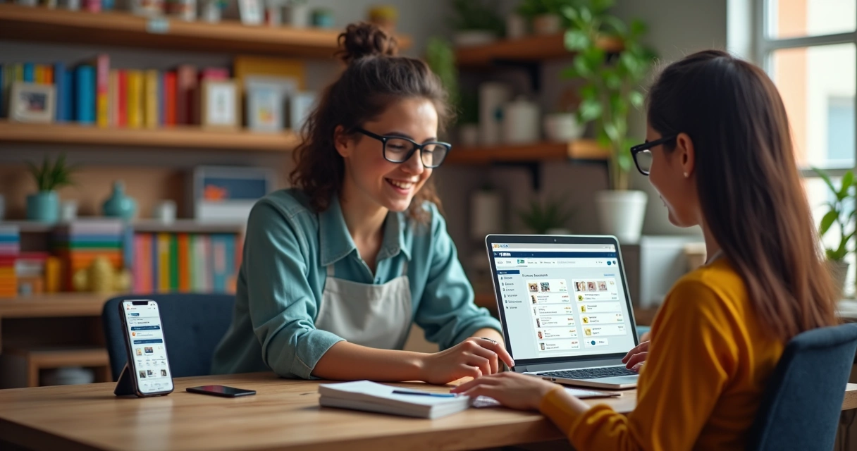 Loja pequena de bairro com comerciante usando notebook para gerenciar catálogo 