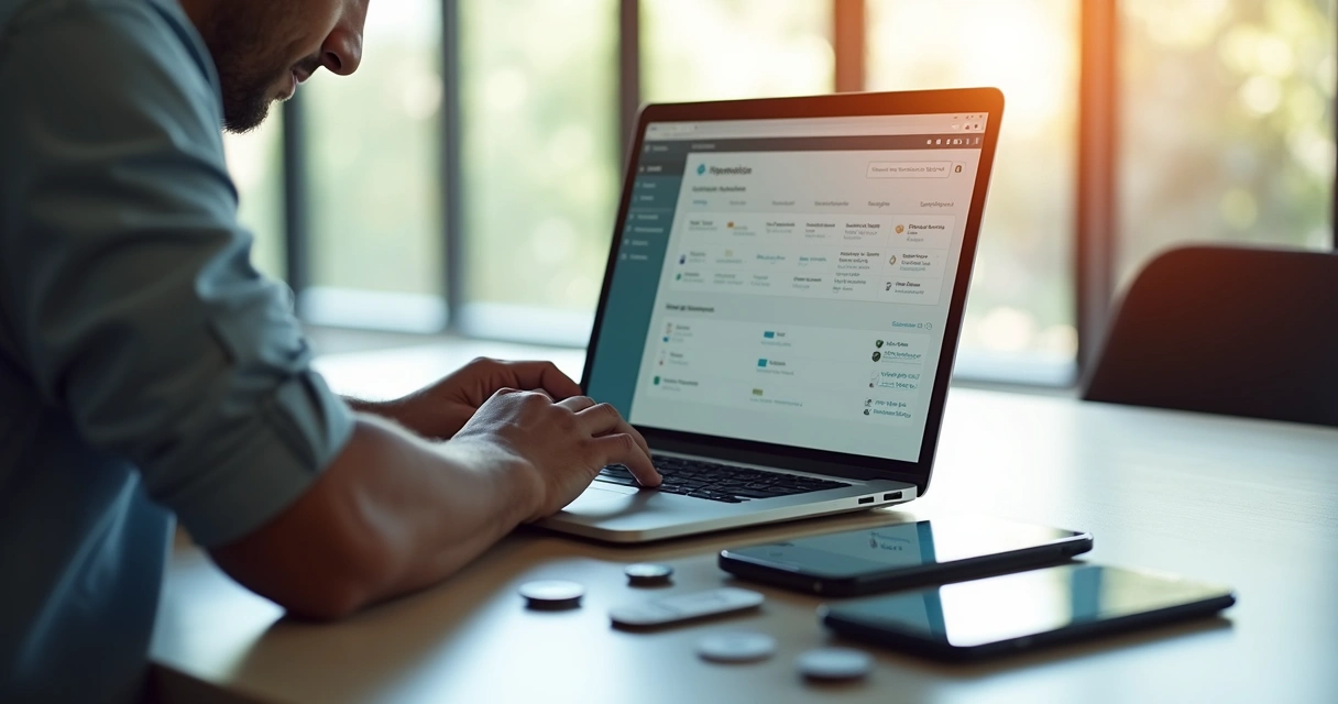 Profissional analisando dados de gestão de celulares em notebook 