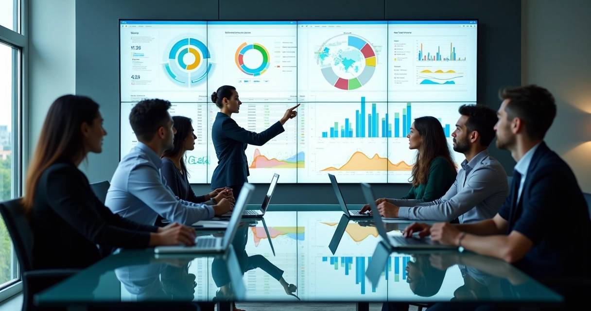 Equipe analisando painel com dados fiscais no escritório