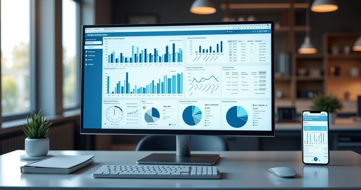 Tela de computador exibindo dashboard de ERP multiempresa com gráficos financeiros e gestão de vários CNPJs integrados 
