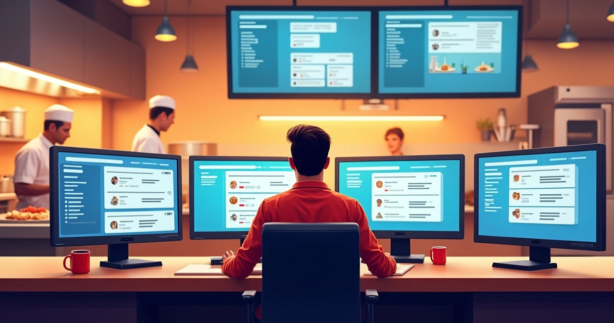 Gestor controlando pedidos de delivery por múltiplas telas 