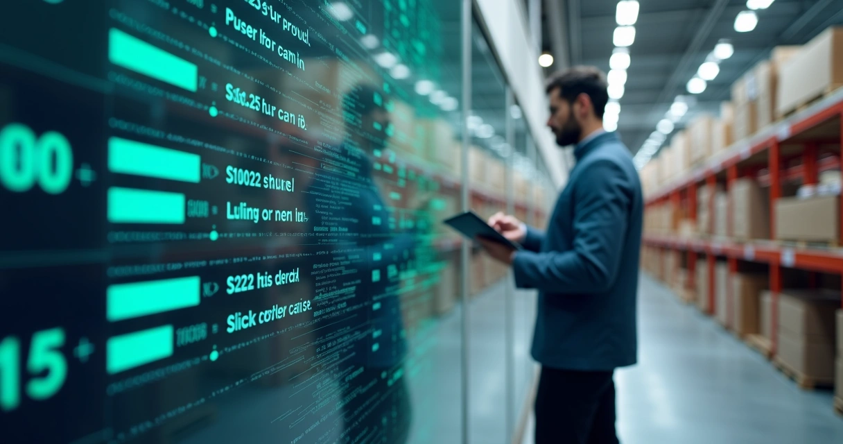 Painel digital mostrando atualização de estoque em tempo real, gestor conferindo números na tela 