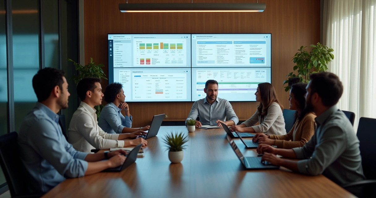Equipe analisando dashboards gerenciais integrados no Notion