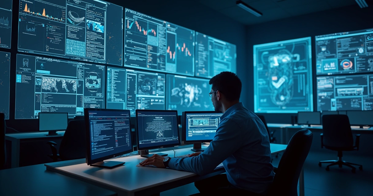 Equipe de tecnologia em ambiente moderno trabalhando em computadores com múltiplas telas mostrando sistemas integrados de gestão de TI 