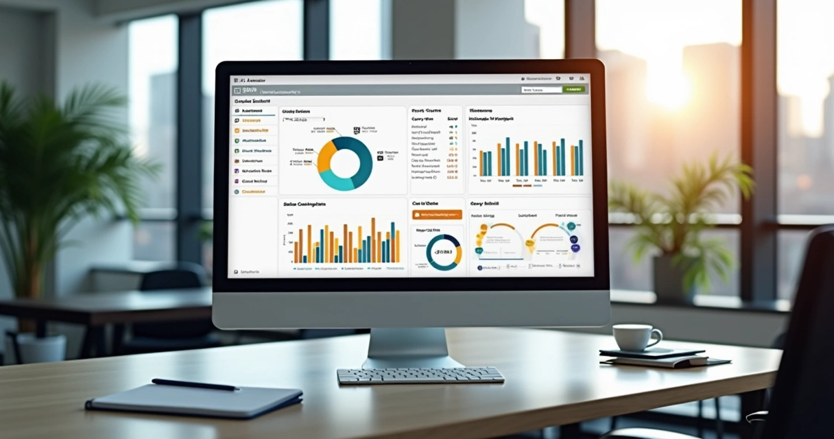 Tela detalhada de software de gestão financeira mostrando centros de custos com gráficos coloridos e dados segmentados 