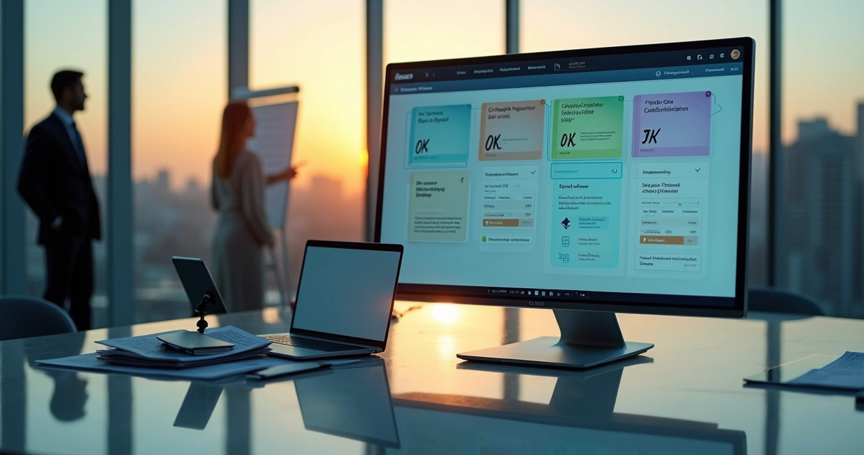 Painel digital com certidões negativas organizadas por IA em escritório corporativo 