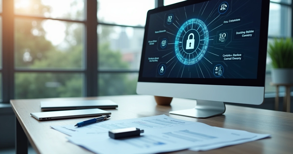 Mesa de escritório contábil com computador exibindo certificado digital e documentos físicos ao redor