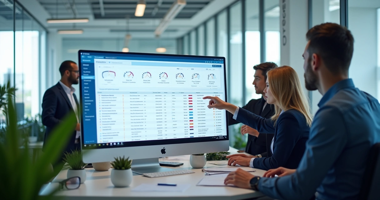Monitor grande com painel ilustrando organização de tickets de TI e pessoas ao redor 