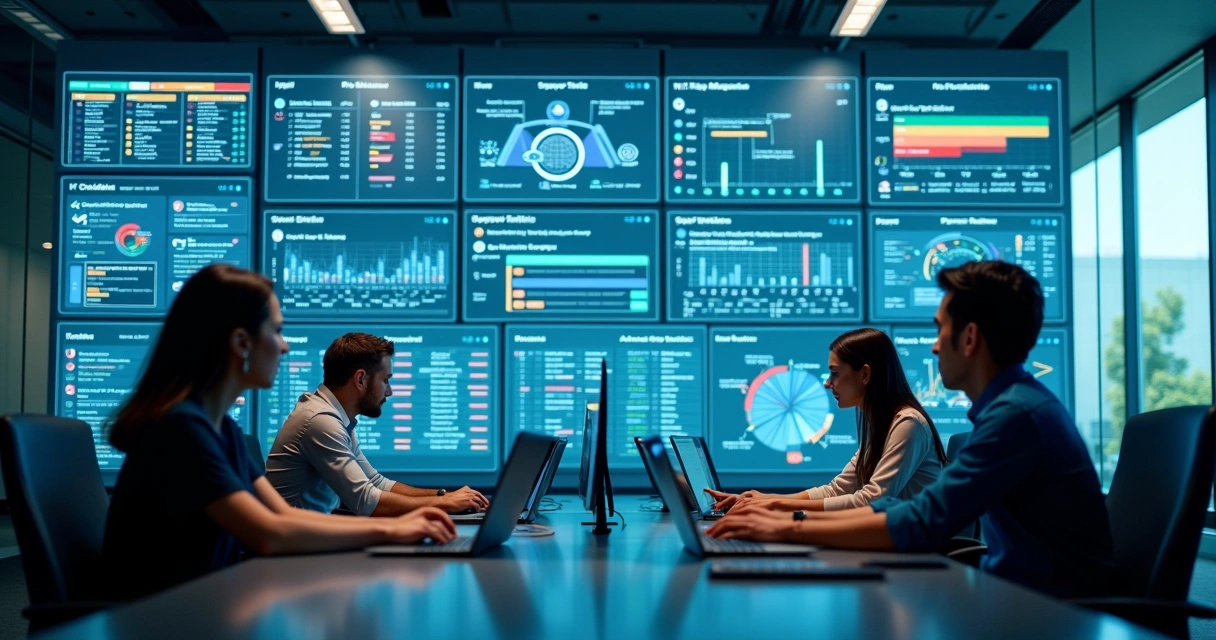 Equipe de TI em frente a painel digital com gestão de chamados e indicadores em tempo real 