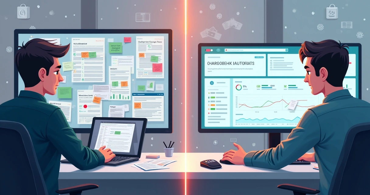 Comparação visual entre gestão de chargebacks manual e automatizada em loja virtual 