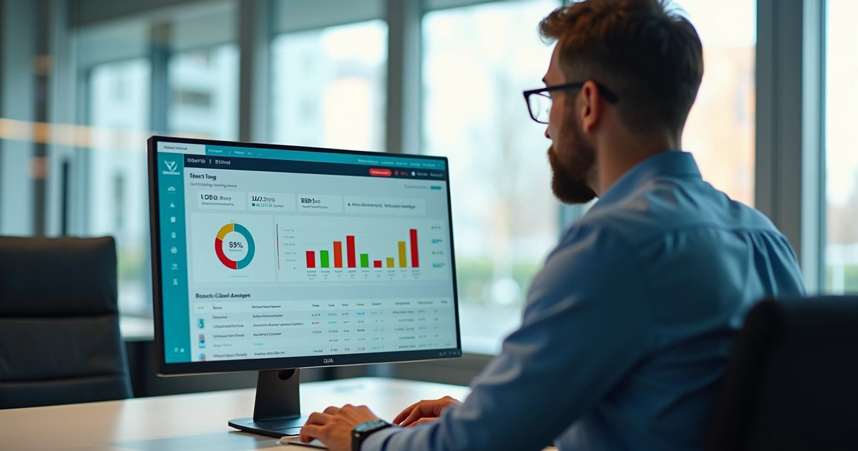 Gestor visualizando dashboard de acompanhamento de metas em tempo real. 
