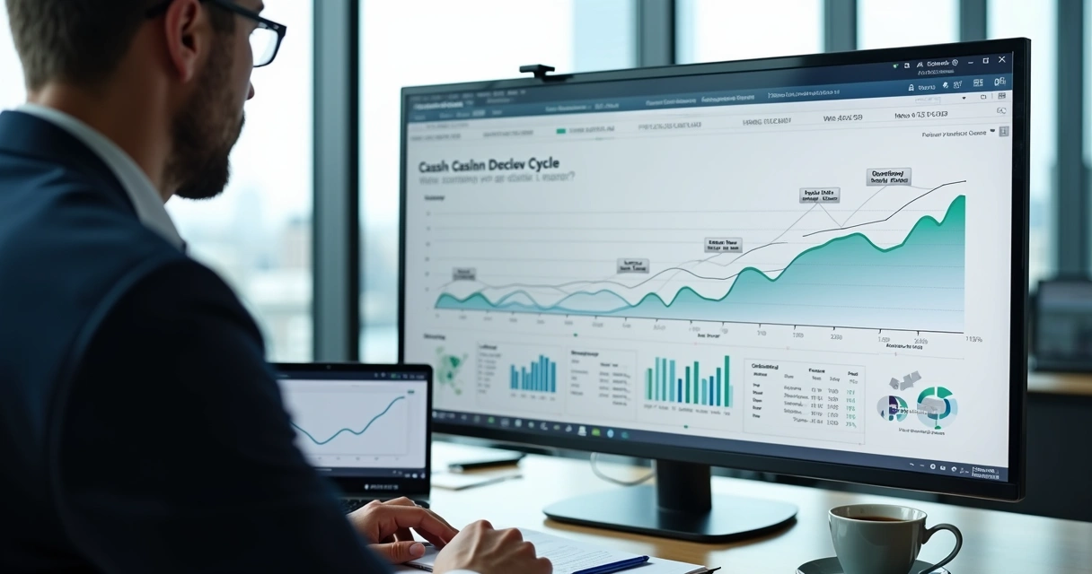 Gestor financeiro analisando gráficos de fluxo de caixa em tela com ícones de dinheiro e maquininhas 