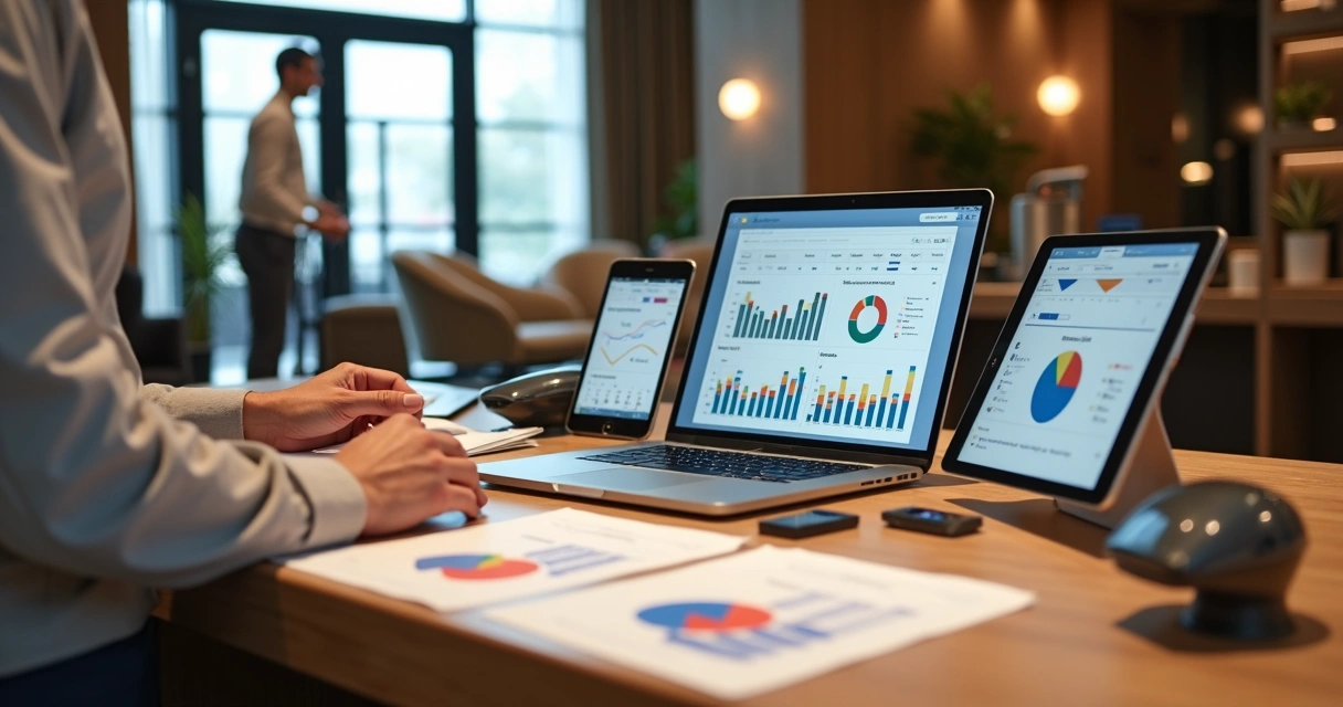 Recepcionista de hotel analisando gráficos financeiros em laptop no balcão 