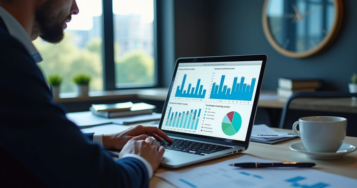 Gestor analisa dados segmentados de diferentes empresas no notebook 