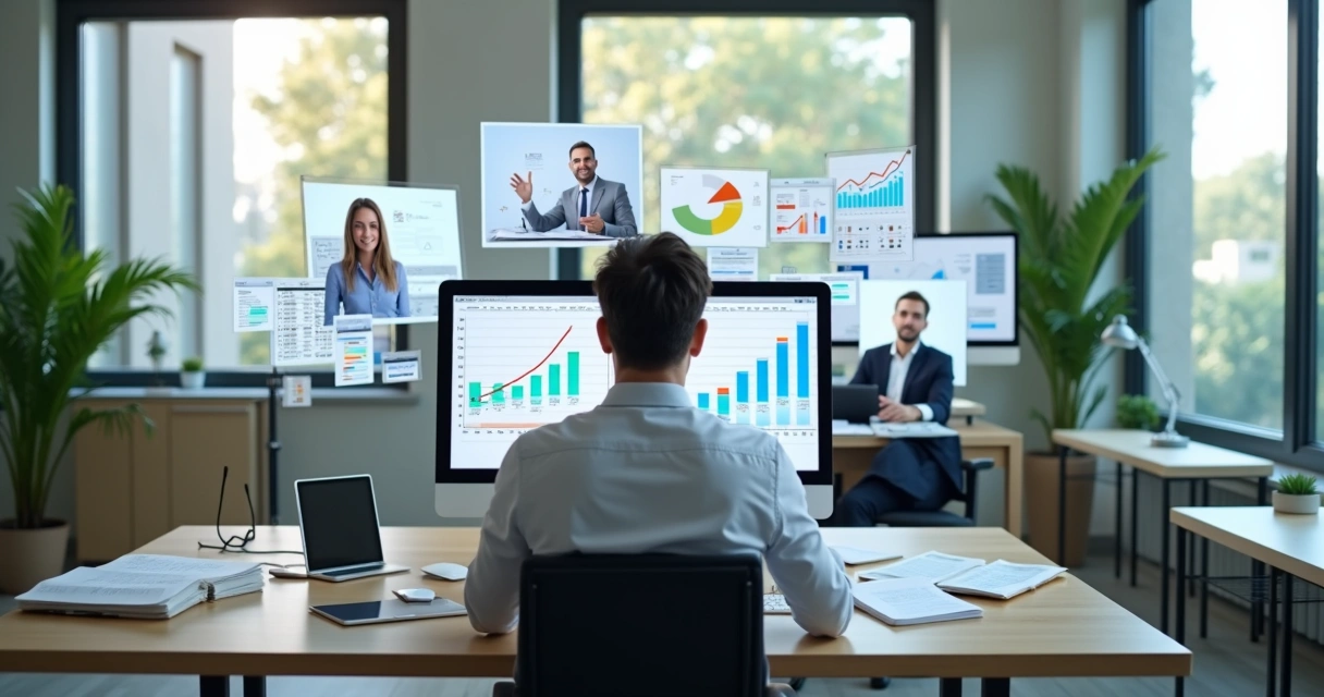 Profissional contábil em escritório interagindo com cliente através de videoconferência, com gráficos e planilhas digitais na tela ao redor, ambiente moderno e iluminado 