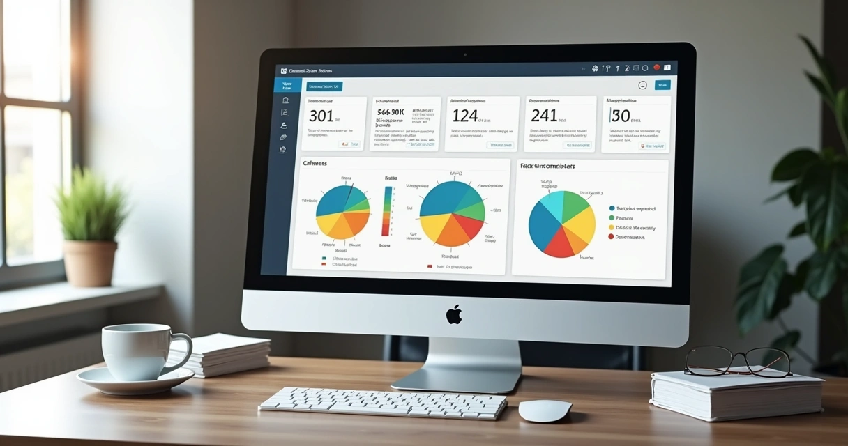 Tela de computador mostrando dashboard de CRM para escritórios de contabilidade com análise de NPS e gráficos coloridos