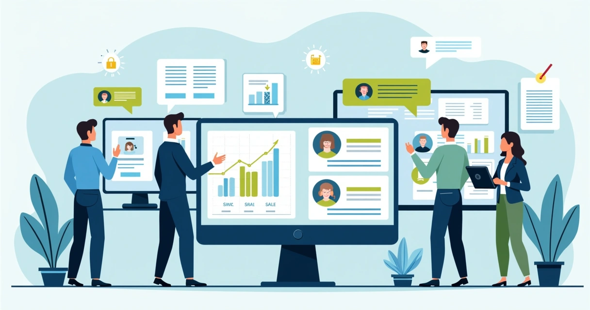 Ilustração corporativa flat de corretores e imobiliários usando CRM com gráficos, computadores e ícones de automação na tela 