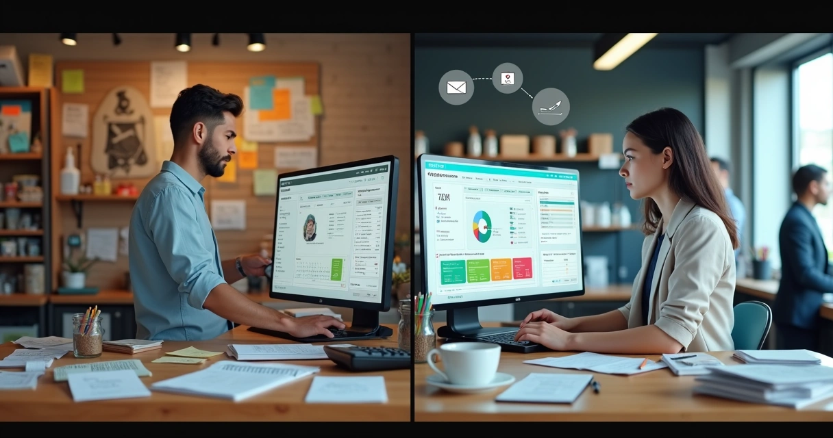 Comparação visual entre varejista usando CRM online e outro com controle manual de clientes 