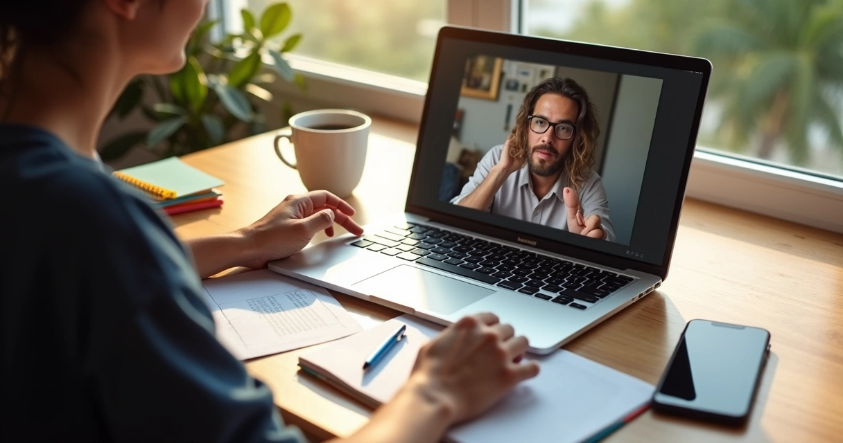 Freelancer usa notebook em ambiente limpo, conversando com cliente por videochamada