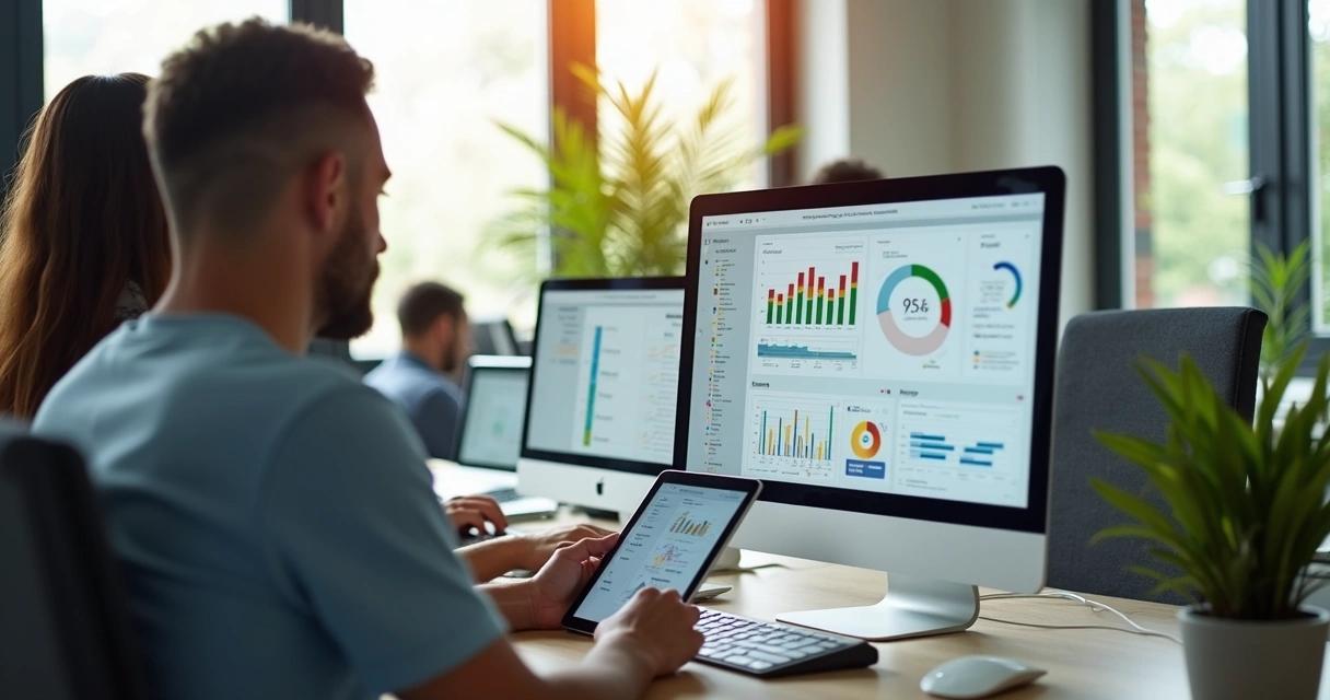 Equipe de contadores usando computadores e tablets em escritório moderno com gráficos e documentos digitais na tela 
