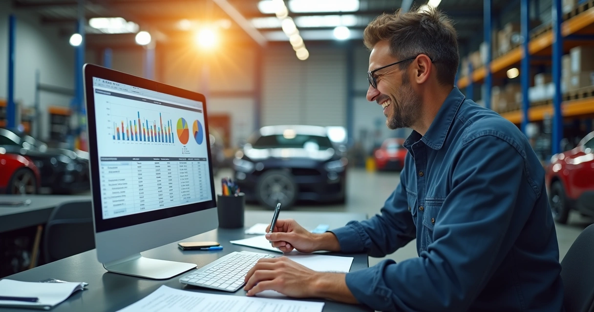 Mecânico analisando dados no computador na oficina 