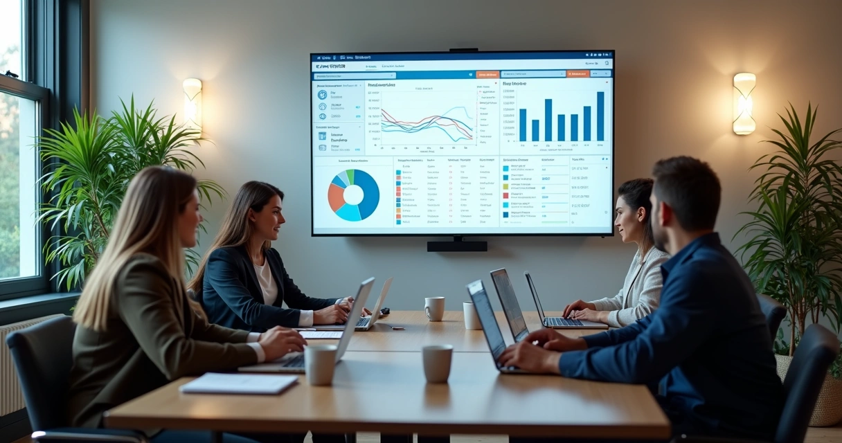 Equipe de pequenas empresas em reunião, observando telas com dados de clientes. 