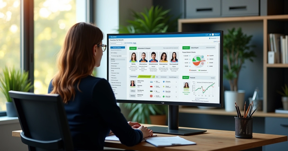 Consultor analisando painel digital com lista de clientes