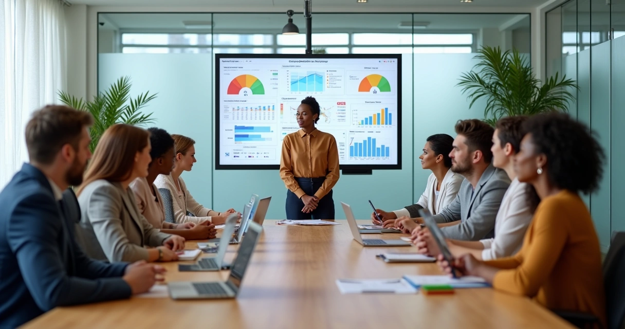 Equipe em reunião avaliando clima organizacional em escritório moderno 