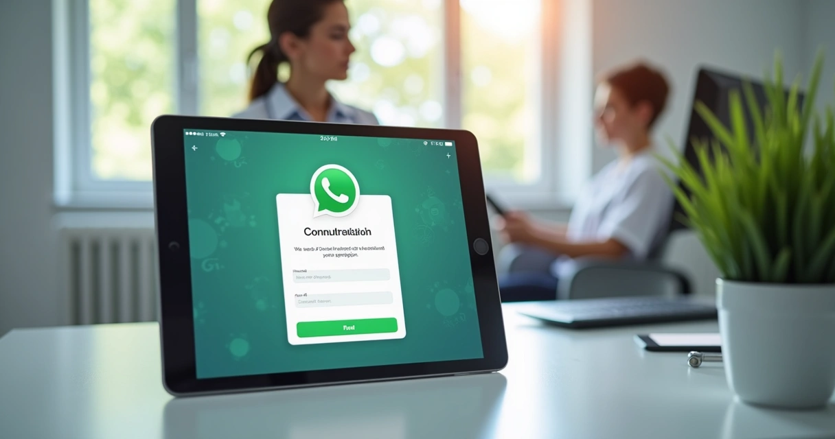 Tablet mostrando notificação de confirmação automática de consulta via WhatsApp em ambiente de clínica de psicologia moderna com profissionais ao fundo 