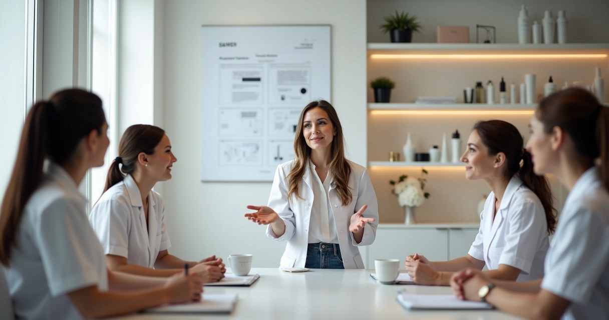 Equipe de clínica de estética reunida em reunião de treinamento 