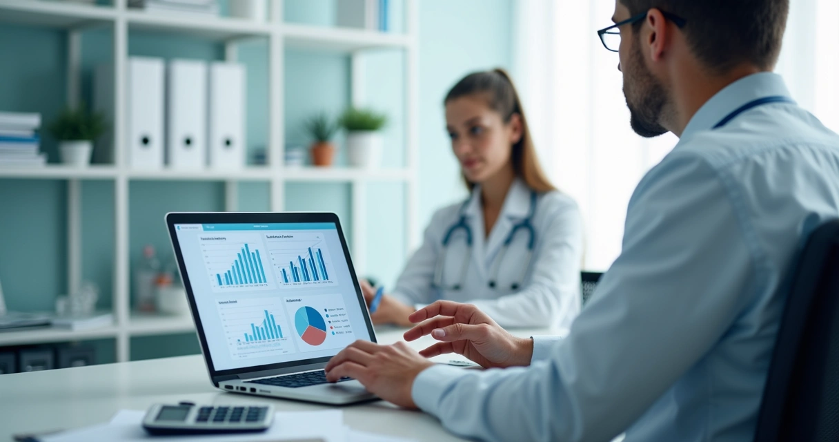 Profissional analisando sistema financeiro em clínica moderna