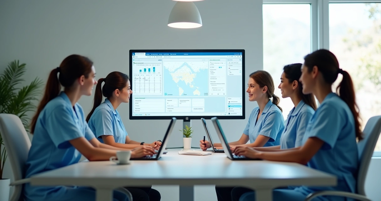 Equipe de clínica odontológica reunida em frente a computadores, analisando tela de software de gestão 