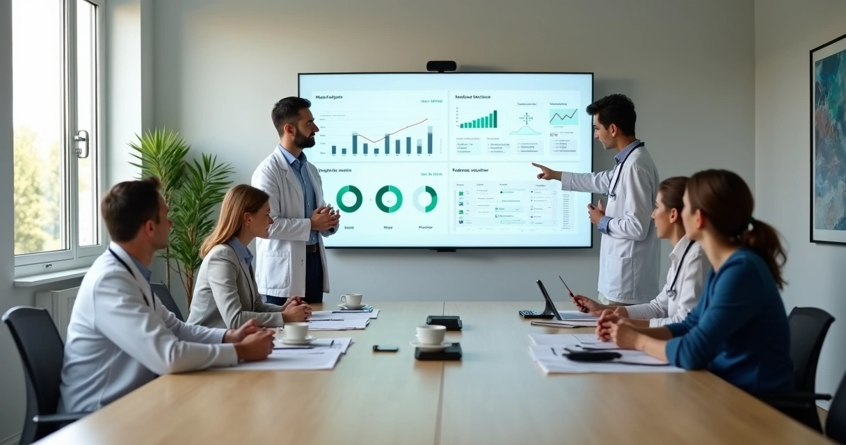 Equipe de clínica analisando painel de gestão em sala de reunião moderna 