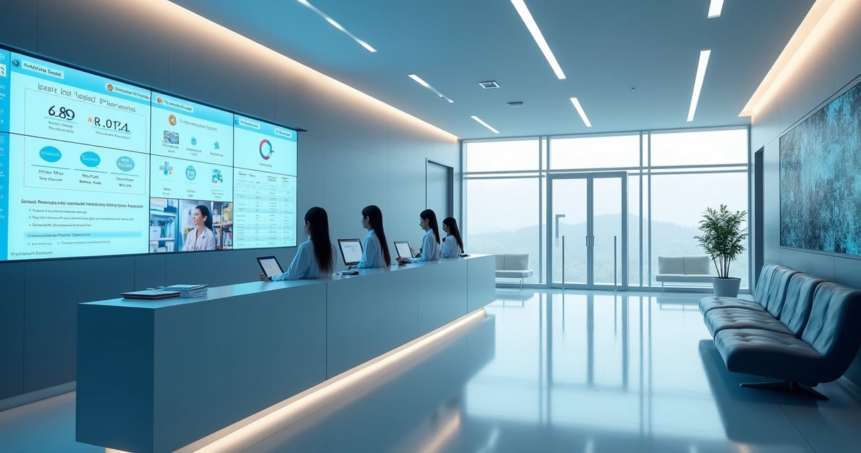 Ambiente de clínica médica com painel digital mostrando fluxo de pacientes gerenciado por IA 