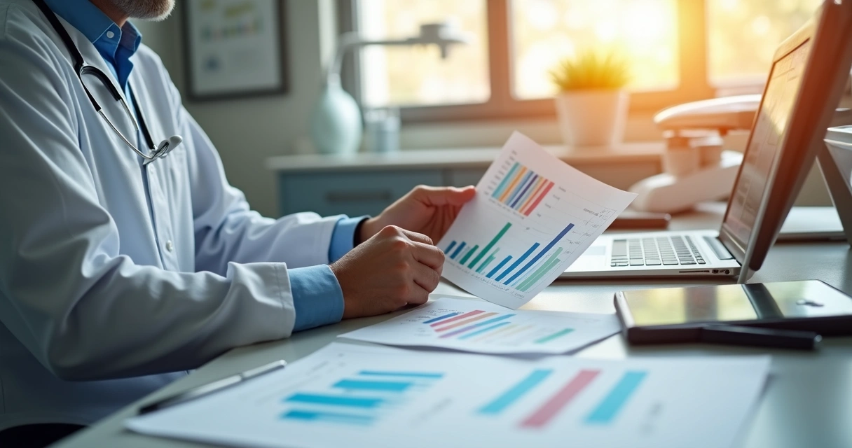 Profissional analisa relatórios financeiros em clínica odontológica 