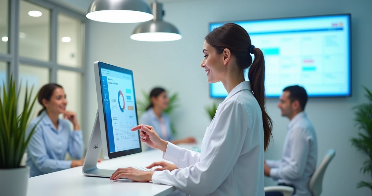 Dentista usando software de gestão em clínica moderna 