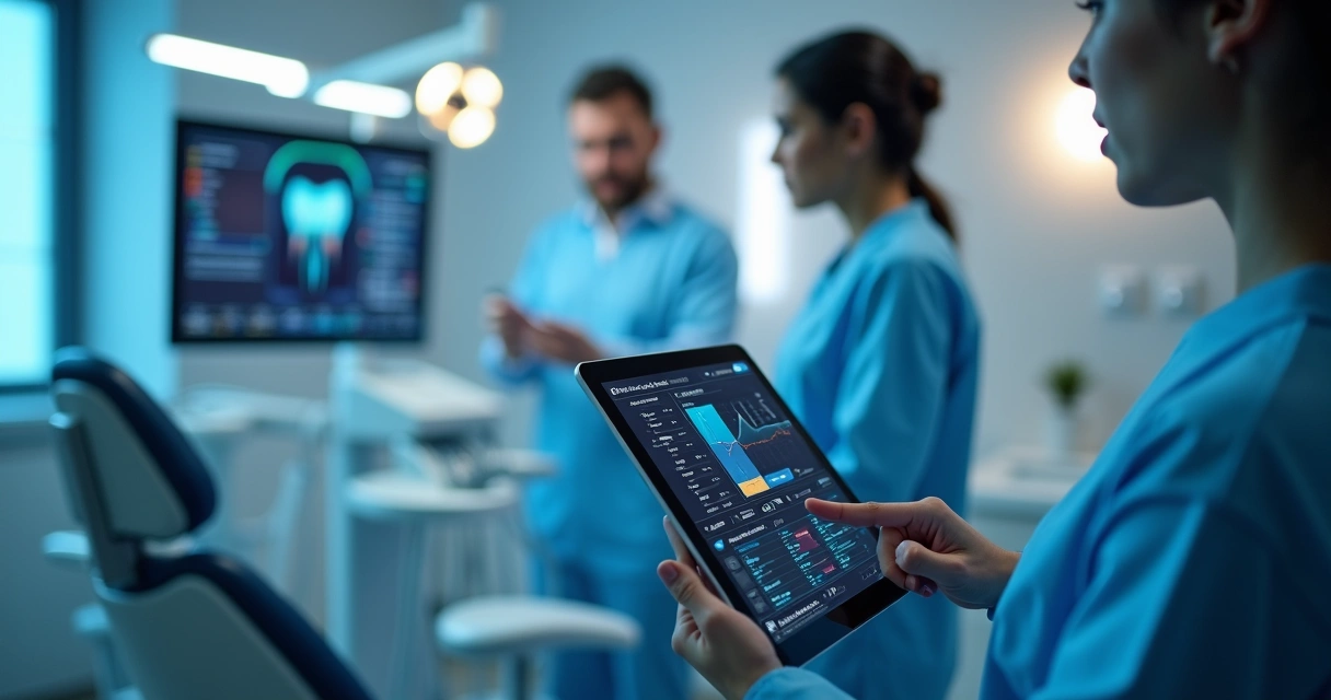 Médico dentista usando tablet com interface digital enquanto equipe da clínica conversa ao fundo 