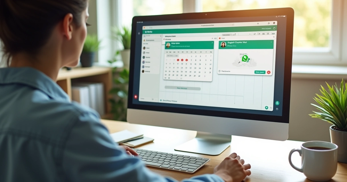 Psicóloga usando agenda digital no computador, tela mostra calendário e notificações de WhatsApp