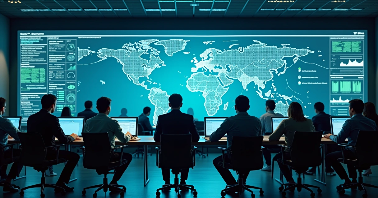 Equipe de TI monitorando sistemas multicloud em painéis digitais 