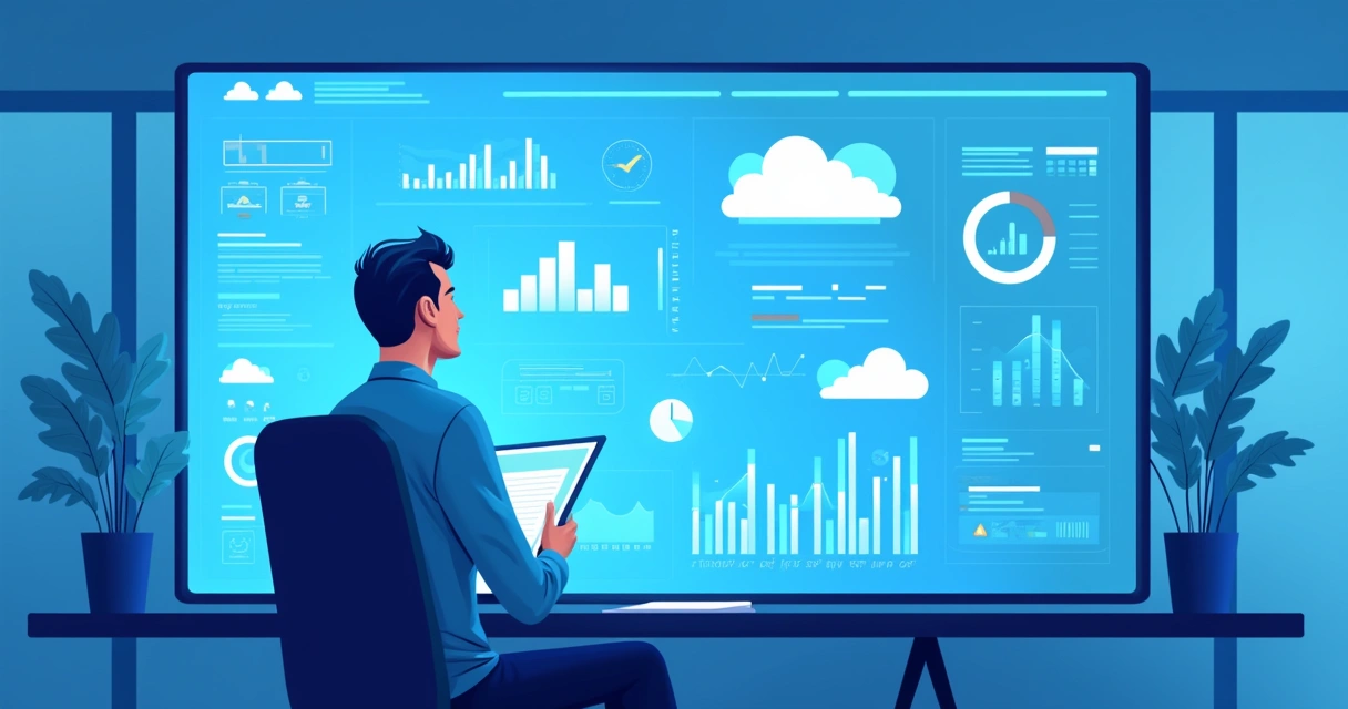 Profissional observando dashboards financeiros na tela, com gráficos e nuvens ao fundo 