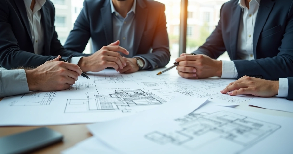 Profissionais analisando documentação de obra em mesa com projetos e computador 